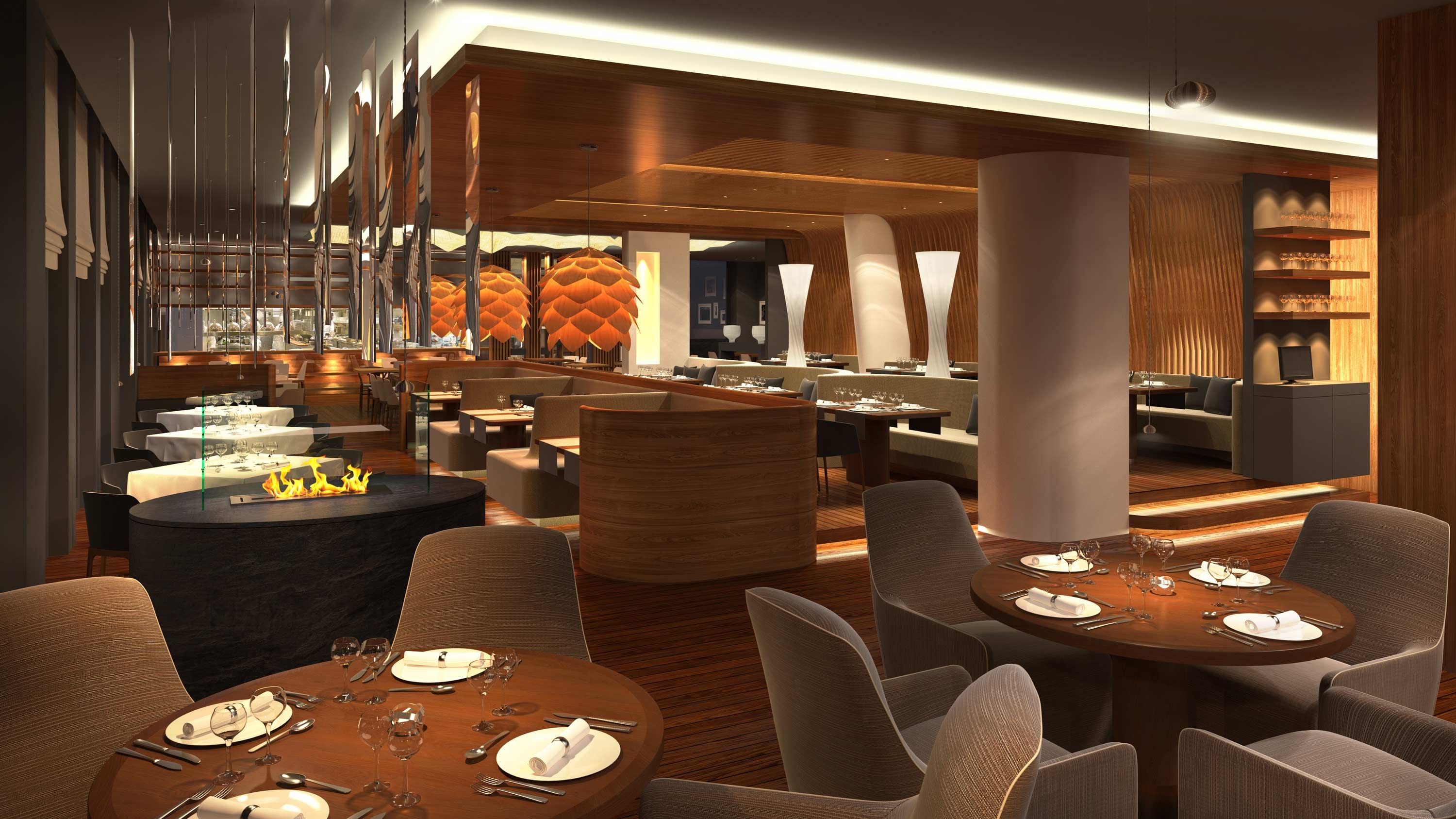 restaurant, wooden tables, orange glow, plates, led lighting